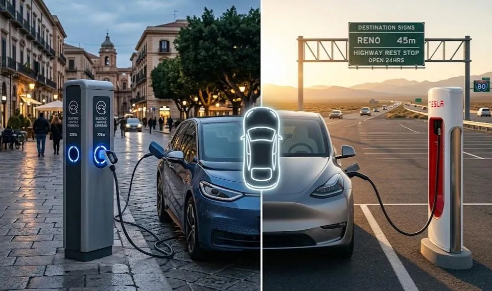 Technical illustration comparing European three-phase 400V and American single-phase 240V electrical grid systems for EV charging