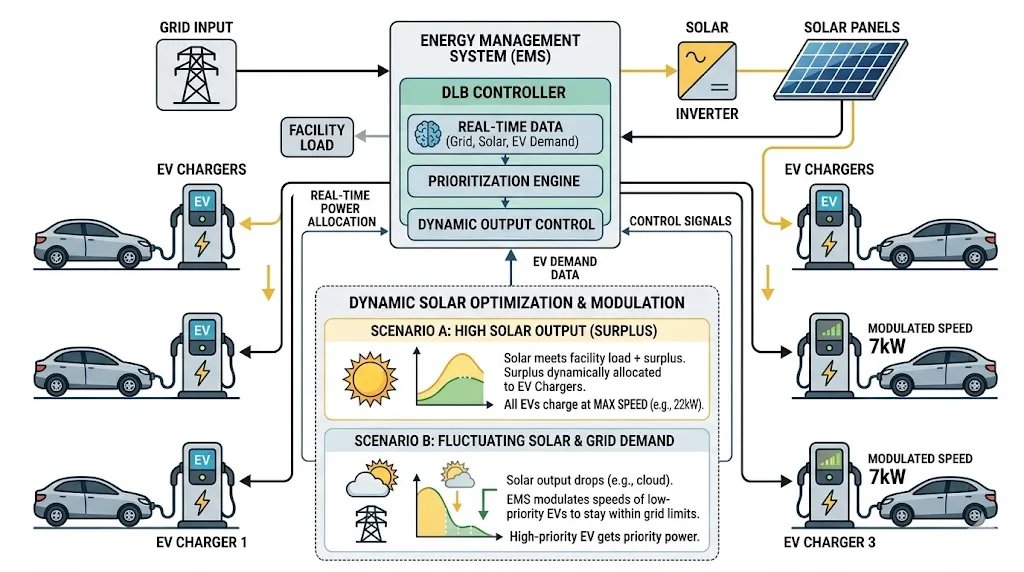 Off-grid solar EV charging system components including battery storage and inverter with load management integration