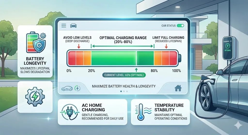 Infographic showing the 20-80% state of charge rule for optimal EV battery health in 2026
