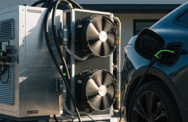 Close-up comparison of liquid cooling vs forced air cooling components in EV charging stations