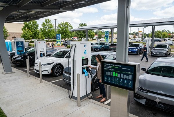 EV fleet depot charging with dynamic load balancing system optimizing power distribution across multiple commercial vehicles