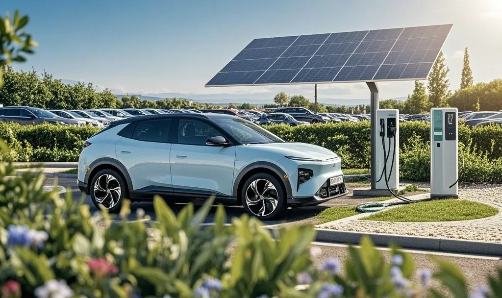 Close-up of electric vehicle plugged into Level 2 home charging station for overnight charging