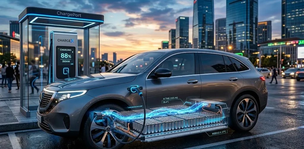 Modern electric vehicle charging at a high-power DC fast-charging station, showcasing the efficiency of lithium-ion batteries