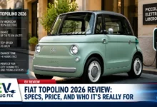 2026 Fiat Topolino electric microcar parked in a sunny urban setting showcasing its compact mint green design and rope door details