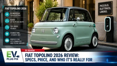 2026 Fiat Topolino electric microcar parked in a sunny urban setting showcasing its compact mint green design and rope door details