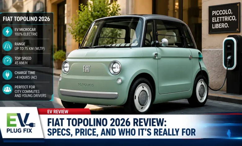 2026 Fiat Topolino electric microcar parked in a sunny urban setting showcasing its compact mint green design and rope door details