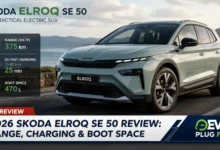 2026 Skoda Elroq SE 50 electric SUV charging at a modern wallbox station