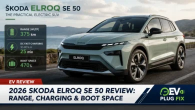 2026 Skoda Elroq SE 50 electric SUV charging at a modern wallbox station