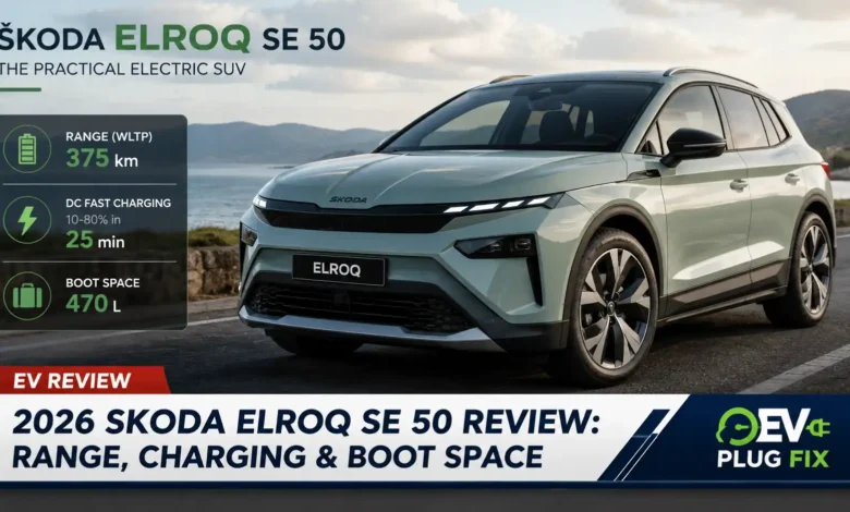 2026 Skoda Elroq SE 50 electric SUV charging at a modern wallbox station
