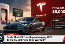 2026 Tesla Model S charging at a Tesla Supercharger station highlighting free Supercharging offer