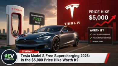 2026 Tesla Model S charging at a Tesla Supercharger station highlighting free Supercharging offer