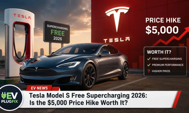 2026 Tesla Model S charging at a Tesla Supercharger station highlighting free Supercharging offer