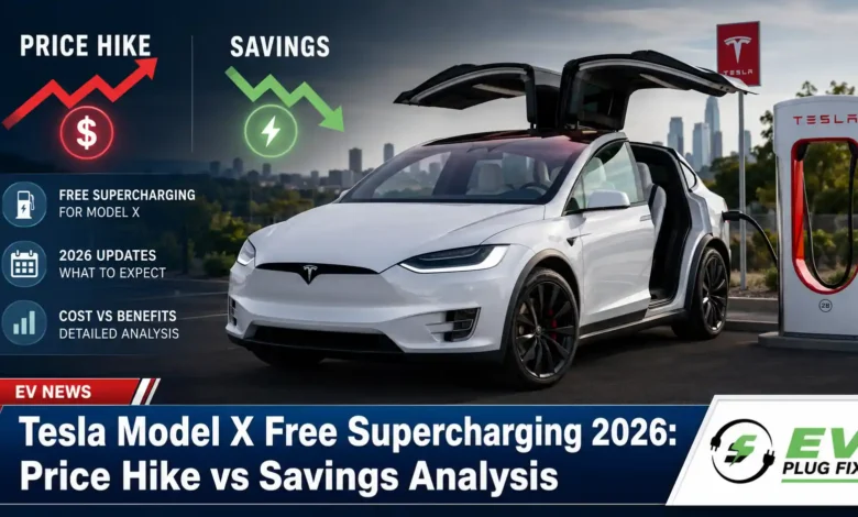 Tesla Model X charging at a Supercharger station 2026 free Supercharging offer