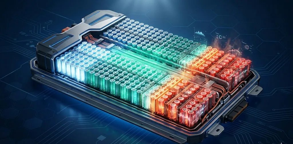 Microscopic view of lithium-ion battery internal degradation showing SEI layer growth and cathode cracking from high voltage stress.