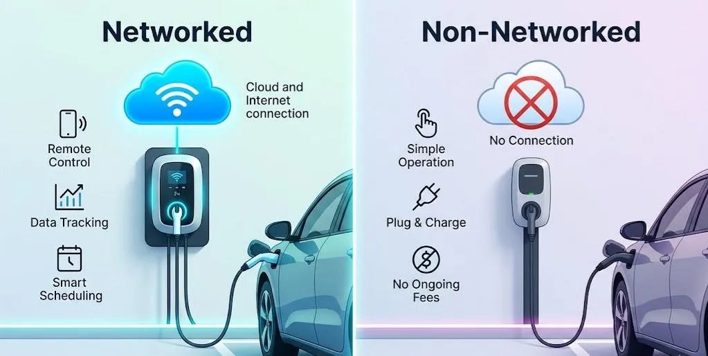 Comparison matrix showcasing the installation and operation of networked versus non-networked EV charging stations in various settings.