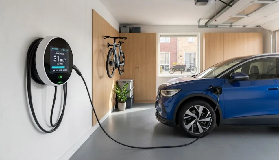 Illustration showing the electrical panel and conduit for installing a Level 2 home EV charger, highlighting the wiring and installation process