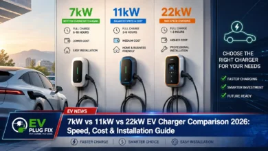 Three home EV chargers 7kW 11kW 22kW side-by-side comparison showing size difference and charging cable