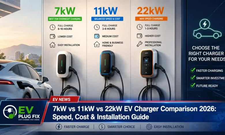 Three home EV chargers 7kW 11kW 22kW side-by-side comparison showing size difference and charging cable