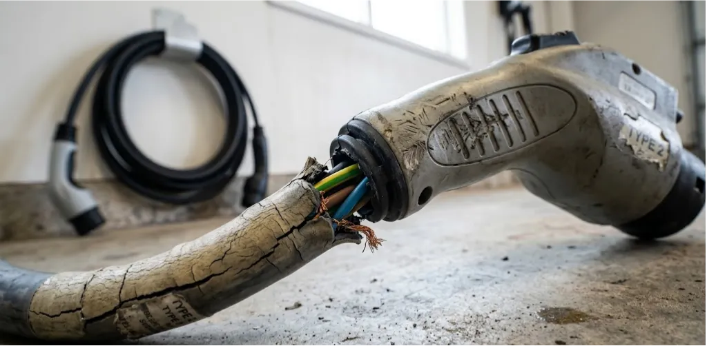 Damaged EV charging cable with visible cracks and fraying posing serious fire safety risk