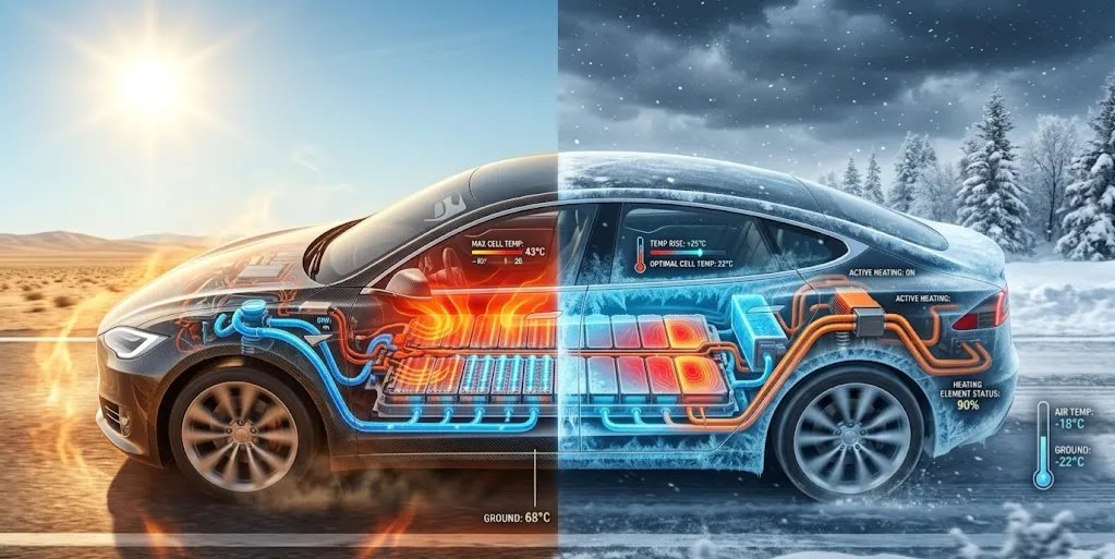 Side-by-side comparison of EV battery performance in extreme desert heat vs sub-zero winter conditions for 2026 models