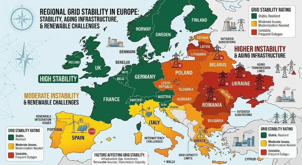Comparison chart showing EV charger resilience features for grid unstable regions across Europe and Americas