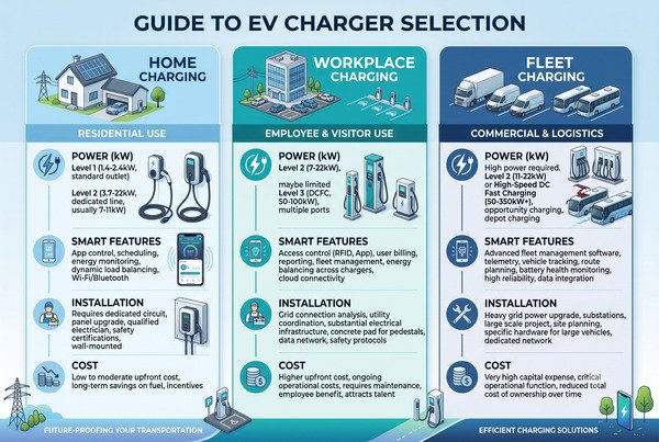 Modern EV charger installation options for home garage, workplace parking lot, and commercial fleet depot in 2026
