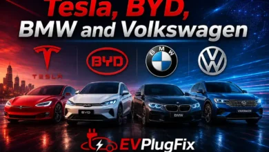 Tesla, BYD, BMW and Volkswagen electric vehicles comparison and EV market analysis 2026 by EVPlugFix.