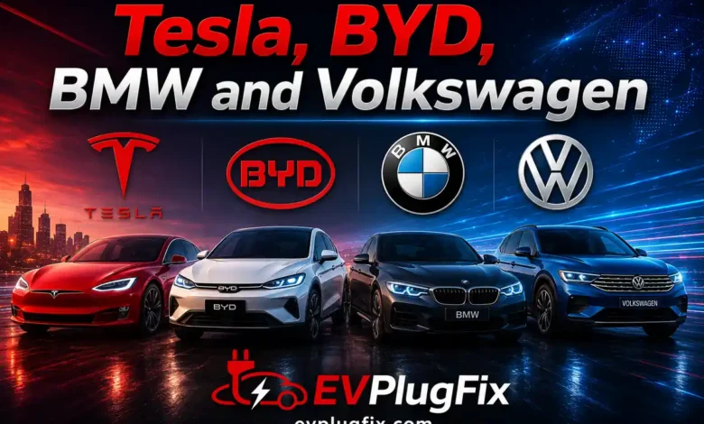 Tesla, BYD, BMW and Volkswagen electric vehicles comparison and EV market analysis 2026 by EVPlugFix.