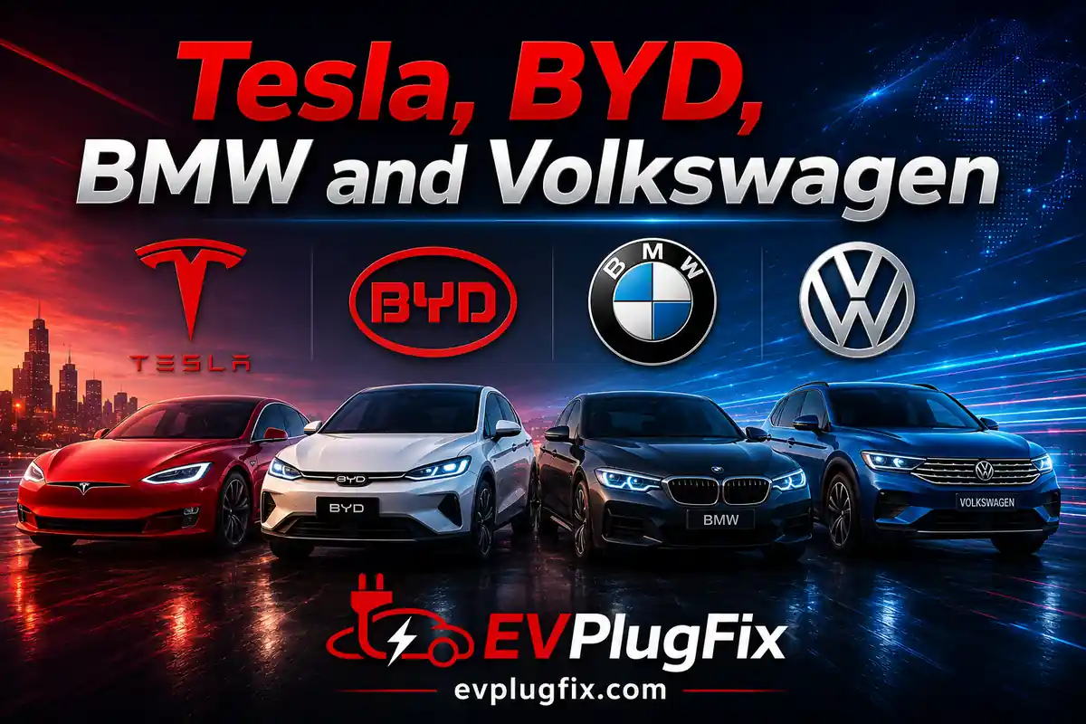 Tesla, BYD, BMW and Volkswagen electric vehicles comparison and EV market analysis 2026 by EVPlugFix.