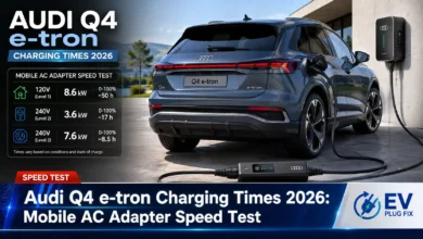 Audi Q4 e-tron connected to a portable go-eCharger mobile AC charging station for a charging time test in 2026