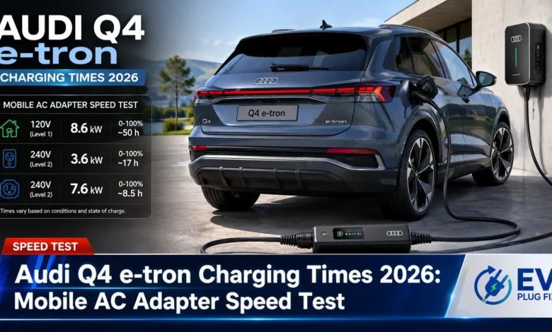 Audi Q4 e-tron connected to a portable go-eCharger mobile AC charging station for a charging time test in 2026