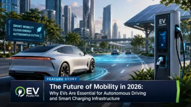Futuristic autonomous electric vehicle charging at a smart solar-powered EV charging station in a modern city, 2026