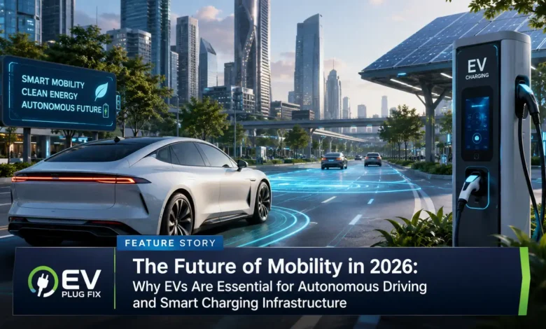 Futuristic autonomous electric vehicle charging at a smart solar-powered EV charging station in a modern city, 2026