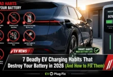 Close-up of an electric vehicle battery pack being charged with a level 2 charger, symbolizing healthy charging habits for maximum lifespan