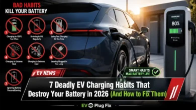 Close-up of an electric vehicle battery pack being charged with a level 2 charger, symbolizing healthy charging habits for maximum lifespan