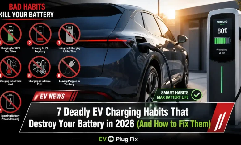 Close-up of an electric vehicle battery pack being charged with a level 2 charger, symbolizing healthy charging habits for maximum lifespan