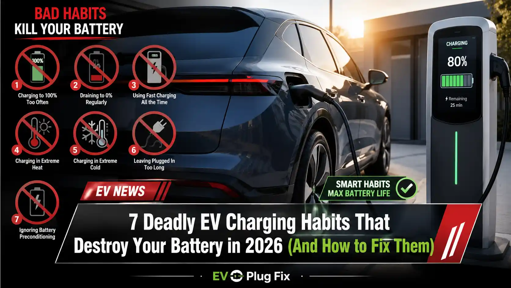 Close-up of an electric vehicle battery pack being charged with a level 2 charger, symbolizing healthy charging habits for maximum lifespan