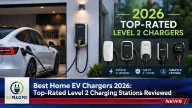 Modern home EV charger mounted on garage wall charging a sleek electric vehicle in 2026