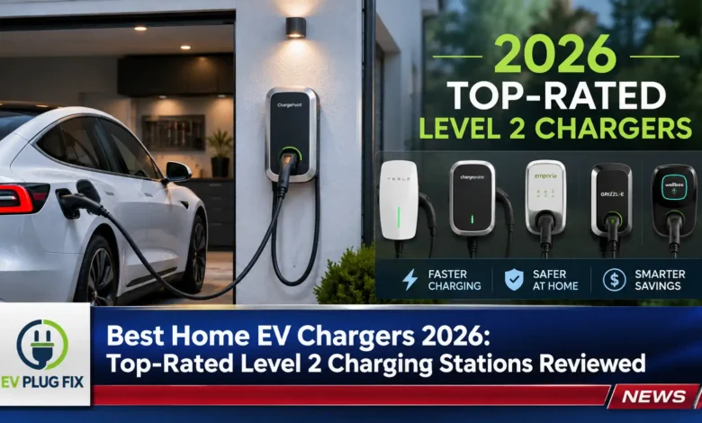 Modern home EV charger mounted on garage wall charging a sleek electric vehicle in 2026