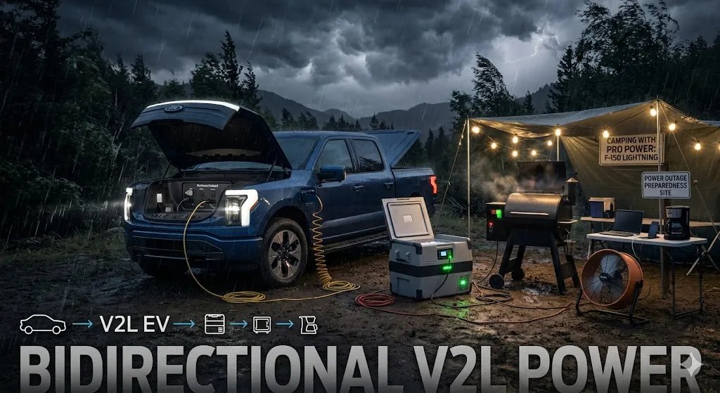 V2L adapter plugged into an EV charging port powering a refrigerator and laptop during a camping trip