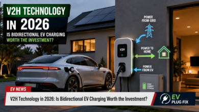 Modern electric vehicle connected to a bidirectional V2H charger system in a residential garage setup 2026
