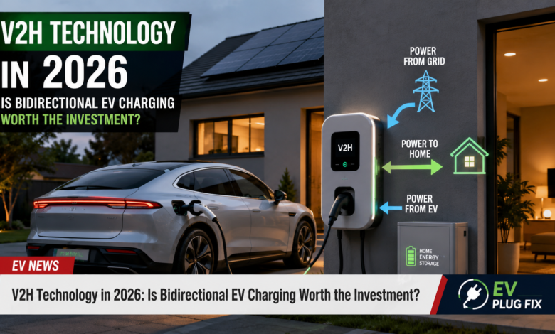 Modern electric vehicle connected to a bidirectional V2H charger system in a residential garage setup 2026