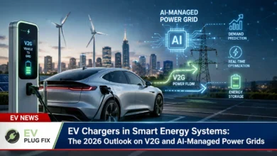 Modern EV charger connected to a smart home energy management system displaying real-time power flow data in 2026