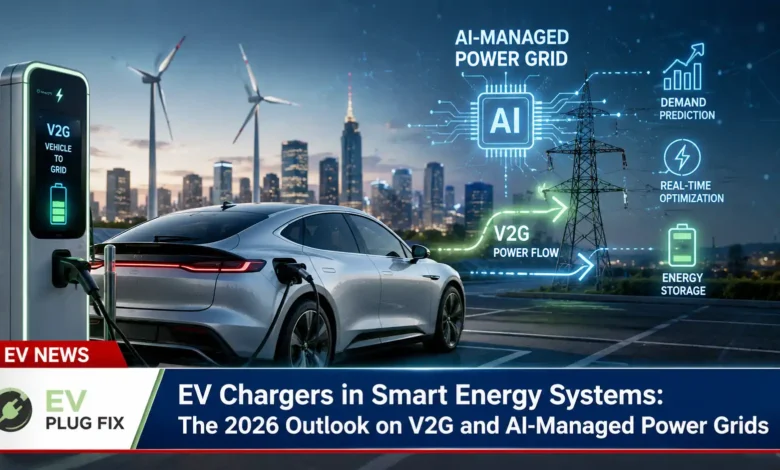 Modern EV charger connected to a smart home energy management system displaying real-time power flow data in 2026