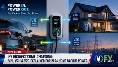 Electric vehicle connected to a home via bidirectional V2H charger, providing backup power during an outage in 2026