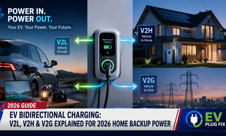Electric vehicle connected to a home via bidirectional V2H charger, providing backup power during an outage in 2026