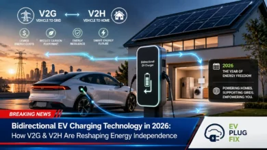 Modern electric vehicle connected to a bidirectional charging station at a modern home, illustrating V2H and V2G technology in 2026