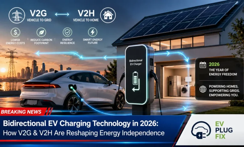 Modern electric vehicle connected to a bidirectional charging station at a modern home, illustrating V2H and V2G technology in 2026