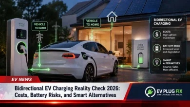 Bidirectional EV charging station connected to an electric vehicle with power flow indicators showing two-way energy transfer between car and home grid