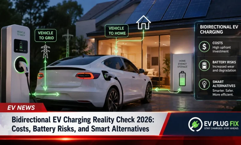 Bidirectional EV charging station connected to an electric vehicle with power flow indicators showing two-way energy transfer between car and home grid
